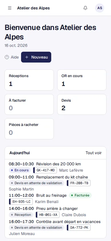 Le tableau de bord de Garage+ sur téléphone.